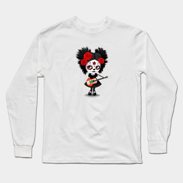 Sugar Skull Girl Playing Lebanese Flag Guitar Long Sleeve T-Shirt by jeffbartels